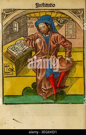 Il profeta biblico Isaia riceve ispirazione divina mentre una colomba si libra su di lui mentre studia un libro ebraico, simboleggiando l'antica saggezza, la profezia e la guida spirituale. La Margarita Philosophica ("Perla filosofica") è un'enciclopedia rinascimentale e un libro di testo universitario scritto dal monaco certosino Gregor Reisch. Pubblicato per la prima volta nel 1503, fornisce la conoscenza fondamentale del XVI secolo in un dialogo accessibile e illustrato tra un maestro e uno studente. Dal 1515 Foto Stock