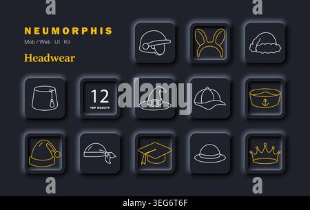Icona set di cuffie. Casco, orecchie, parrucca, fez, cappello, berretto, marinaio, berretto, bandana, graduazioni, crown, moda, costume, accessorio, stile, usura. Illustrazione Vettoriale
