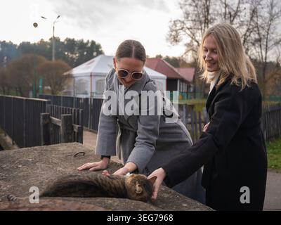 Due giovani donne sorridenti che indossano cappotti autunnali accarezzano felicemente un simpatico gatto da tavola su una parete di cemento, godendosi la compagnia reciproca e l'animale Foto Stock