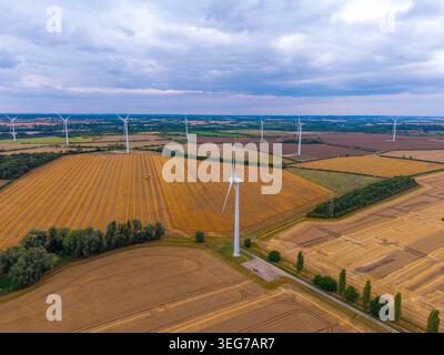 Veduta aerea delle turbine eoliche sul terreno agricolo d'oro Fattoria di energia rinnovabile nel paesaggio della campagna Foto Stock