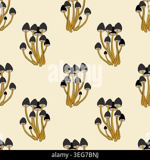Motivo senza cuciture con funghi psilocybe semilanceata su sfondo beige per un design tessile autunnale e carta da imballaggio botanica. Illustrazione vettoriale Illustrazione Vettoriale