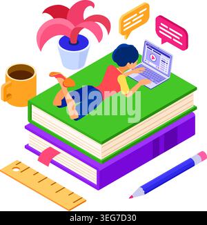 Corsi di formazione online o esame a distanza con carattere isometrico corso Internet e-learning da ragazza domestica che studia online su libro e laptop isomet Illustrazione Vettoriale
