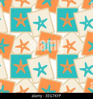 Motivo senza cuciture con stelle marine arancioni e turchesi sui francobolli per la prenotazione di viaggi estivi e il design della carta da parati per la casa sulla spiaggia. Illustrazione vettoriale Illustrazione Vettoriale