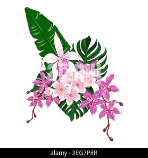 Elegante bouquet di fiori e foglie tropicali rosa e bianco. Allestimento floreale disegnato a mano per inviti di nozze, biglietti da visita, cartoline e t Foto Stock