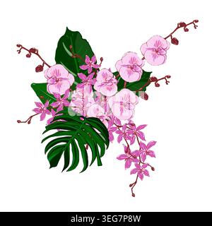 Elegante bouquet di orchidee rosa e bianche e foglie tropicali. Composizione floreale disegnata a mano per inviti di nozze, biglietti d'auguri, stampe e testi Foto Stock