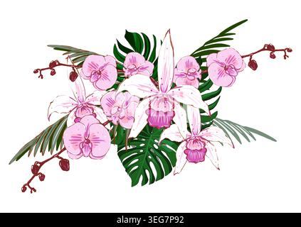 Elegante bouquet di orchidee rosa e bianche e foglie tropicali. Composizione floreale disegnata a mano per inviti di nozze, biglietti d'auguri e tessuti. ISO Foto Stock