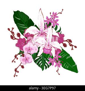 Elegante bouquet di fiori e foglie tropicali rosa e bianco. Allestimento floreale disegnato a mano per inviti di nozze, biglietti da visita, cartoline e t Foto Stock