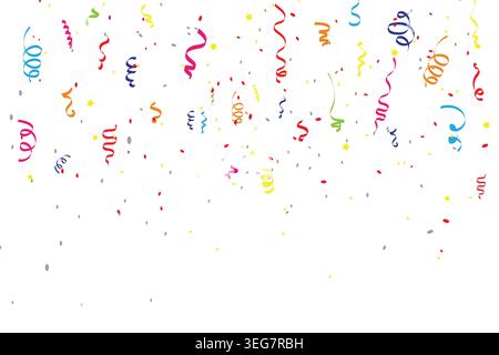 Coriandoli colorati e rastrellieri ricci si stagliano su uno sfondo bianco pulito, creando un'atmosfera festosa e gioiosa perfetta per feste, feste, Illustrazione Vettoriale