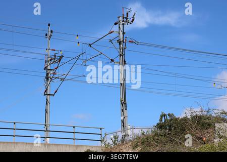 Linee elettriche aeree e pali di pubblica utilità contro un cielo azzurro limpido in Svezia. Foto Stock