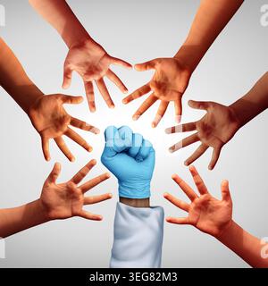 Accesso al concetto di assistenza sanitaria con mani diverse che si avvicinano alla mano di un medico che simboleggia l'equità sanitaria inclusiva assistenza medica community support com Foto Stock