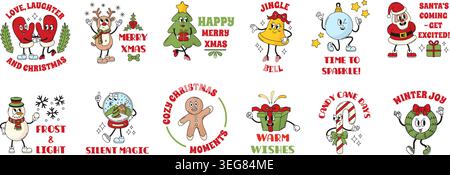 Personaggi divertenti retrò natalizi. Etichette con elementi per le vacanze invernali, adesivi per l'anno nuovo. Carino pan di zenzero, babbo natale, corona con arco, neotero Illustrazione Vettoriale