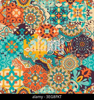 Piastrelle patchwork colorate e senza cuciture con motivi mediterranei. Mosaico di Gaudi. Piastrelle in ceramica in stile talavera. Illustrazione vettoriale Illustrazione Vettoriale