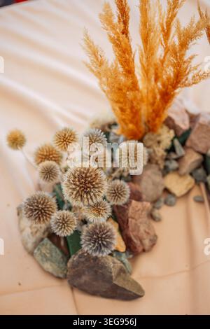 Il cardo globo essiccato e l'erba pampas dorata riposano naturalmente tra le pietre ruvide su un morbido tessuto beige. Foto Stock