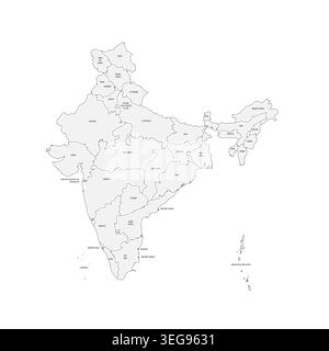 India mappa politica delle divisioni amministrative - stati e territori dell'unione. Mappa grigia disegnata a mano in stile doodle con bordi neri del contorno ed etichette dei nomi. Illustrazione Vettoriale