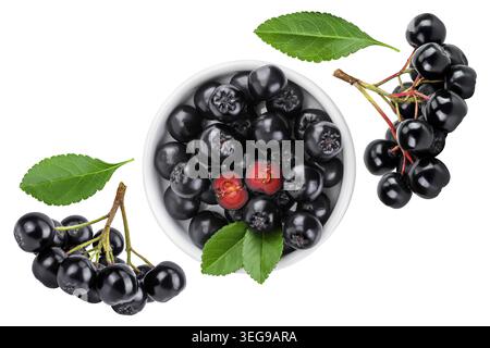 Cioccolato con foglia in un recipiente di ceramica isolato su sfondo bianco. Aronia nera. Vista dall'alto. Posizione piatta Foto Stock