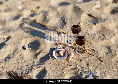 Vista dall'alto dei bicchieri da vino rosso su Sandy Beach con Seashells Foto Stock