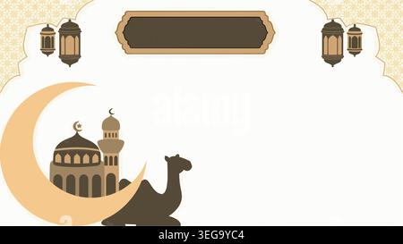 EID celebrazione del festival della comunità musulmana Eid al Adha biglietto d'auguri mockup con cammello sacrificale, moschea, luna su sfondo bianco per il marketing Illustrazione Vettoriale