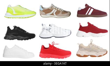 Diverse sneakers isolate sul bianco, set. Scarpe eleganti Foto Stock