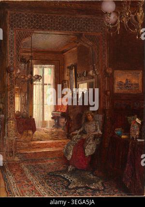 Opera d'arte storica intitolata De Forest Interior di Walter L. Palmer, che mostra un interno vittoriano ornato con una giovane donna seduta, tappeti a motivi geometrici, illuminazione decorativa e arredi riccamente dettagliati. Dipinto nel 1878. Foto Stock
