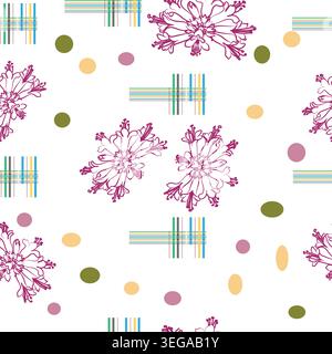 Motivo floreale e geometrico senza cuciture con fiori astratti, linee a quadri e puntini colorati su sfondo chiaro. Illustrazione Vettoriale