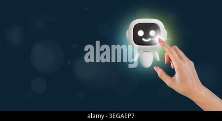 Tocca con mano il simpatico personaggio robot 3D ai su futuristico sfondo bokeh blu con spazio copia, assistente virtuale Chatbot intelligenza artificiale Foto Stock