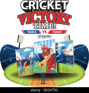 Illustrazione vettoriale di giocatori di cricket che battono e schierano in uno stadio con un'audace tipografia Illustrazione Vettoriale