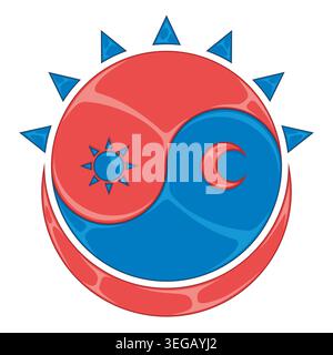 Un'illustrazione vibrante che unisce Yin Yang al sole e alla luna in colori celesti. Il design mette in risalto l'equilibrio tra giorno e notte con una calda a Illustrazione Vettoriale