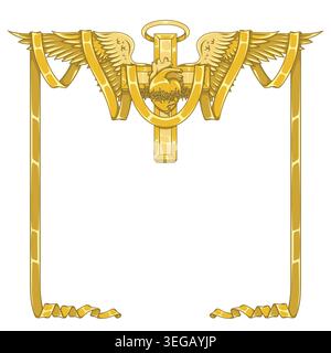 Esclusivo disegno a croce alata con il cuore di Gesù in tonalità oro e oro. Icona del lusso religioso con finiture lucide ed eleganti per un'alta qualità Illustrazione Vettoriale