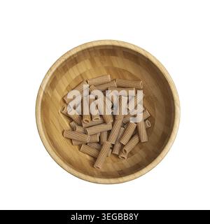 Rigatoni di grano intero in una ciotola di legno su una superficie trasparente Foto Stock