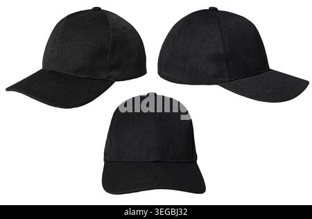 Set di cappellino da baseball nero vuoto isolato su sfondo bianco. Mascheratura modello Foto Stock