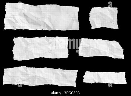 Set di pezzi di carta grafica strappati e deformati isolati su sfondo nero. Modello modello Foto Stock