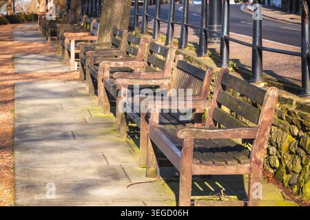 Fila di panche commemorative a Richmond Hill a Richmond upon Thames, Greater London, Regno Unito Foto Stock
