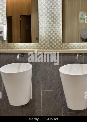Bagno dal design contemporaneo con due orinatoi bianchi, piastrelle a nido d'ape, specchi e accenti in legno. Foto Stock