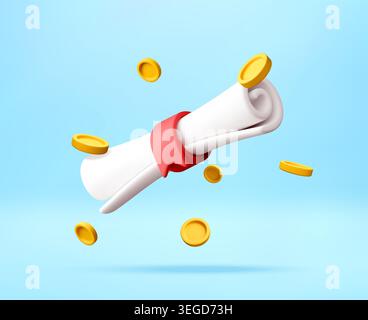 Rotolo di diploma 3D con monete d'oro volanti. Illustrazione Vettoriale