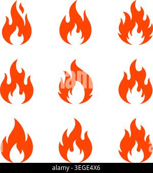 Una collezione di nove icone piatte di fuoco rosse e simboli isolati su uno sfondo bianco Illustrazione Vettoriale