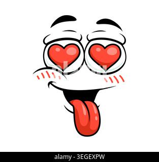 Emoji del viso dei cartoni animati che guardano con occhi a forma di cuore e la lingua fuori, trasmettendo amore, affetto e infatuazione. Emozioni ed espressioni divertenti per i messaggi sui social media e le romantiche chat di comunicazione Illustrazione Vettoriale