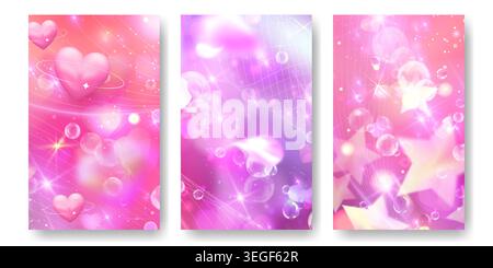 Sfondo rosa Y2K con graziosi effetti anime scintillanti e un design colorato pastello kawaii da sogno. Morbidi elementi a cuore e bolle sul cielo arcobaleno per una carta da parati fantasia alla moda con romantiche vibrazioni aura. Illustrazione Vettoriale