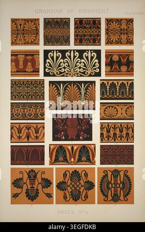 Illustrazioni storiche intitolate Greek no 4, con motivi ornamentali di vasi greci ed etruschi nel British Museum e nel Louvre. Piatto decorativo di design classico pubblicato a Londra da Day & Son nel 1856. Foto Stock