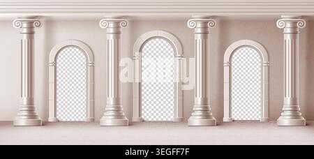 Antico arco greco o romano con colonne in marmo, sfondo classico a pilastri. Illustrazione vettoriale realistica dell'architettura del tempio greco con colonnato in pietra e portale d'ingresso ornato. Illustrazione Vettoriale