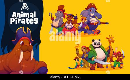 Cartoni animati divertenti animali pirati e corsari personaggi di avventura caraibica. Pirati animali equipaggio di capitano elefante con marinaio panda corsaro e skipper pappagallo, giraffe boatswain e marinaio bradipo Illustrazione Vettoriale