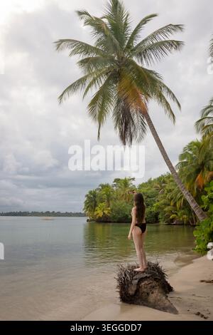 Vista posteriore di una giovane viaggiatrice che utilizza uno smartphone su una spiaggia tropicale dei Caraibi. Immagine concettuale per lo stile di vita degli influencer di viaggio, nomade digitale. Foto Stock
