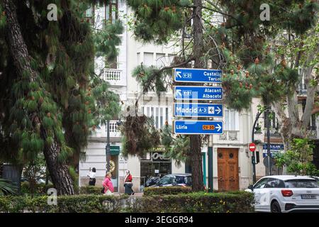 VALENCIA, SPAGNA - 10 APRILE 2025: I cartelli stradali spagnoli blu a Valencia indicano le indicazioni per Madrid, Castello, Alicante, Albacete e Lliria attraverso m. Foto Stock