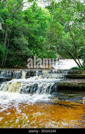 Le acque cristalline si tuffano su scalini rocciosi in mezzo a una vivace vegetazione verde vicino alla cascata Las Delicias in Colombia. Foto Stock