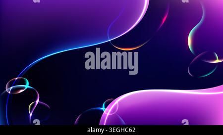 sfondo digitale futuristico con forme fluide al neon viola e blu su uno sfondo scuro, striscioni tecnologici moderni e design creativi Illustrazione Vettoriale
