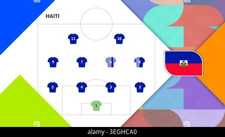 Infografica sulla strategia della Nazionale di calcio di Haiti con la linea di lanci e la bandiera. Sfondo geometrico brillante per notizie sportive e copertura di tornei. Illustrazione Vettoriale