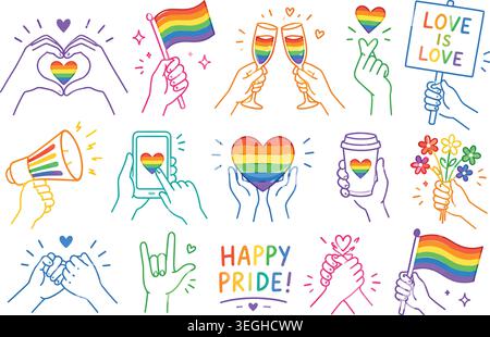 Happy Pride Month Set di elementi a doodle LGBTQ disegnati a mano Illustrazione Vettoriale