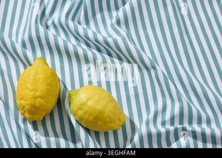 Due limoni gialli luminosi pronti per preparare una limonata fresca fatta in casa per un picnic estivo. Gli agrumi riposano su una ruggine Foto Stock