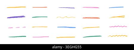 Le linee di evidenziazione colorate del crayon sono isolate su sfondo bianco. Tratti di pennarelli disegnati a mano, elementi sottolineati dello schizzo e pennelli a doodle pastello per note, striscioni e design creativo. Illustrazione Vettoriale