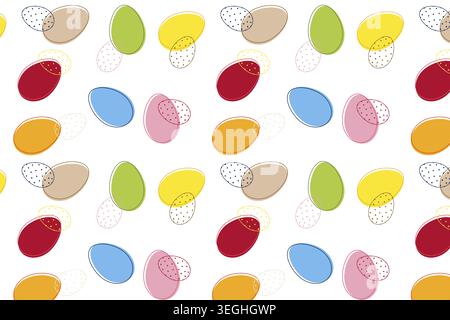 Uova di Pasqua senza cuciture, uova colorate in rosso, arancione, giallo, verde, blu, rosa e beige, pois, design sparso, illustrazione Foto Stock