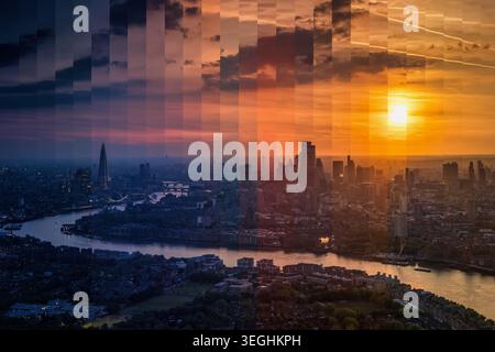 Vista temporizzata dal tramonto alla notte dello skyline urbano di Londra, Inghilterra, con il Tower Bridge, il Tamigi e i grattacieli della città Foto Stock
